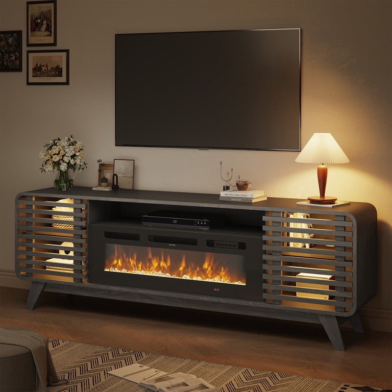 BaPiPro Mid‑Century Modern Fireplace TV Stand with 36 Inch Electric Fireplace 12‑Color RGB LED Lights Fits TVs up to 80 Inch Wood Media Console with Slatted Sliding Doors for Living Room Black