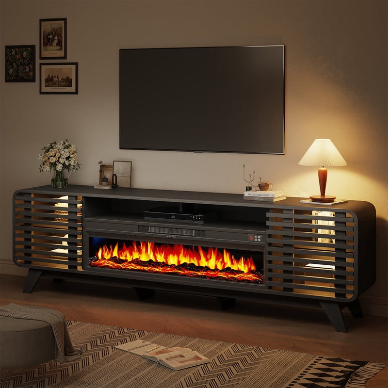 BaPiPro Mid‑Century Modern Fireplace TV Stand with 40 Inch Electric Fireplace 12‑Color RGB LED Lights Fits TVs up to 90 Inch Wood Media Console with Slatted Sliding Doors for Living Room Black