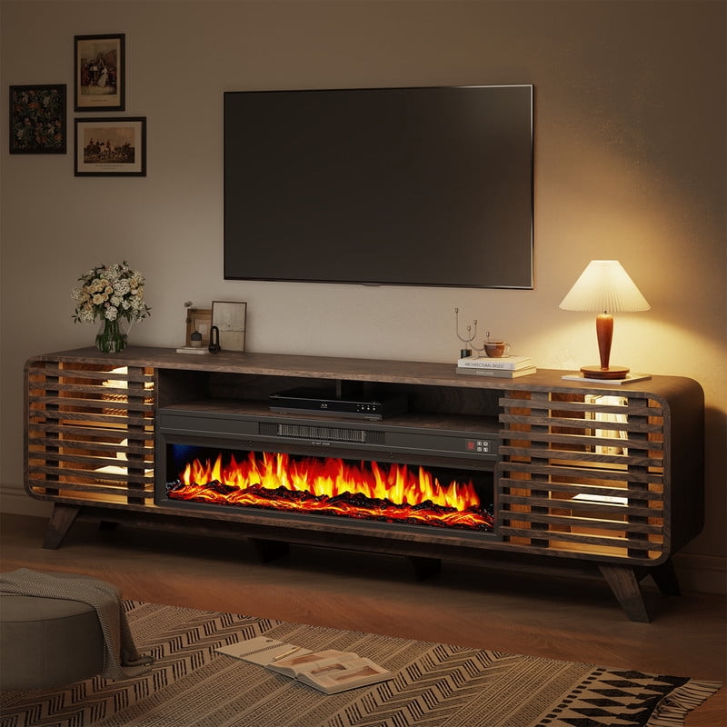 BaPiPro Mid‑Century Modern Fireplace TV Stand with 40 Inch Electric Fireplace 12‑Color RGB LED Lights Fits TVs up to 90 Inch Wood Media Console with Slatted Sliding Doors for Living Room Brown