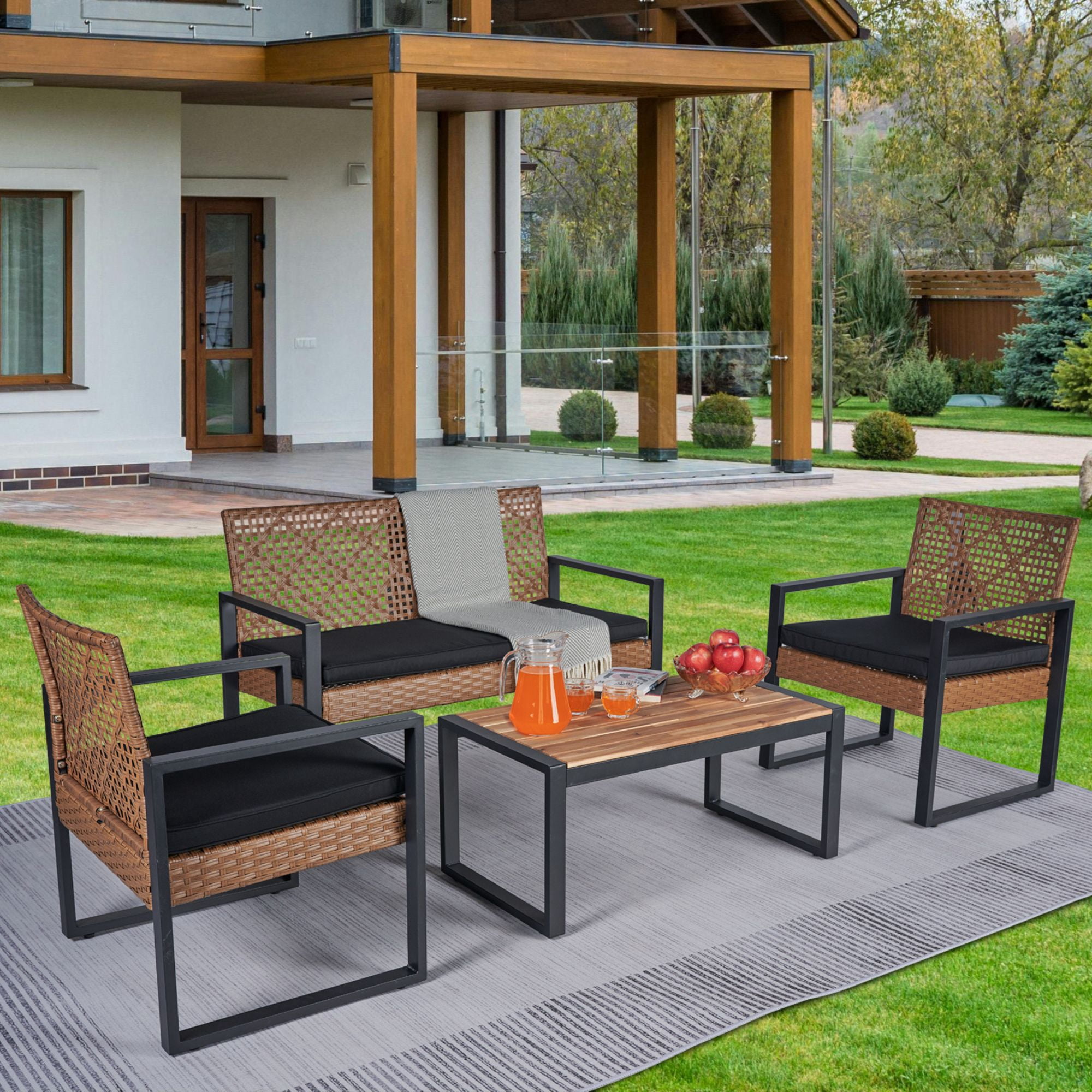 BaPiPro Modern 4-Piece Outdoor Patio Furniture Set with Acacia Wood Table Top, PE Rattan & Steel Frame, Black and Light Brown for Balcony Porch Garden