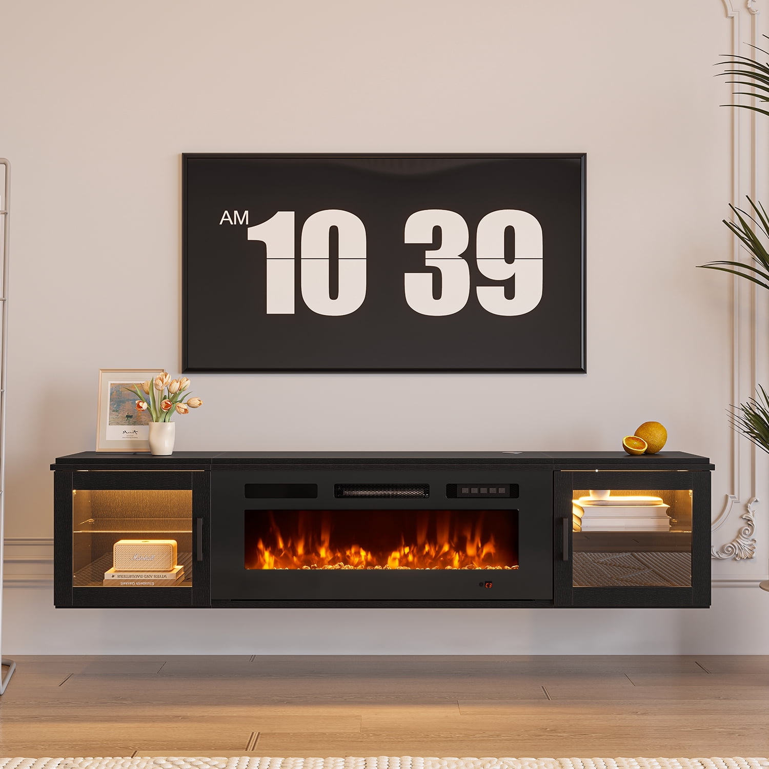 BaPiPro Modern Floating TV Stand with 36" Electric Fireplace, Wall Mounted Entertainment Center, for TVs up to 80 Inch, Living Room Bedroom, Black