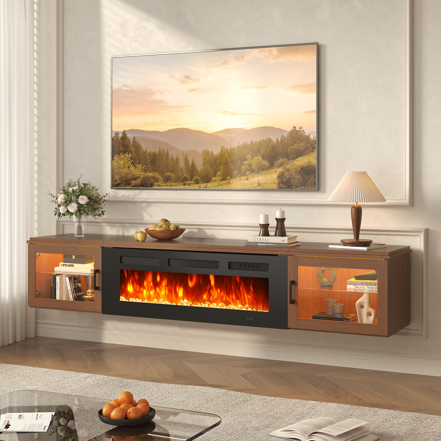 BaPiPro Modern Floating TV Stand with 36" Electric Fireplace, Wall Mounted Entertainment Center, for TVs up to 80 Inch, Living Room Bedroom, Brown