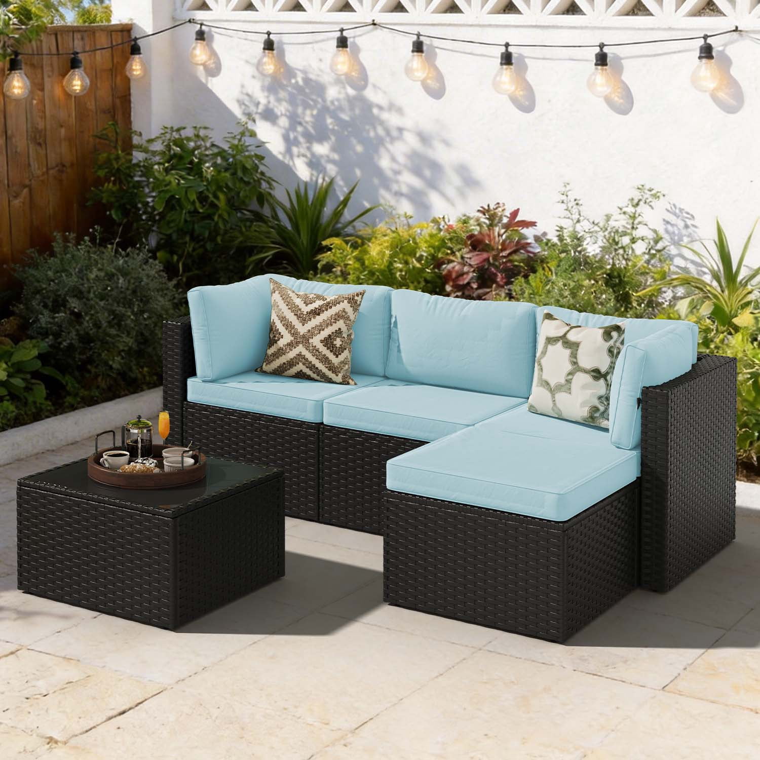 BaPiPro Modular Outdoor Wicker Patio Furniture Set with Tempered Glass Coffee Table & Removable All-Weather Cushions for Backyard, Poolside & Balcony Light Blue