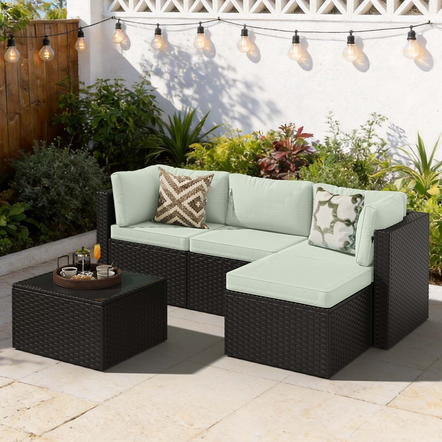 BaPiPro Modular Outdoor Wicker Patio Furniture Set with Tempered Glass Coffee Table & Removable All-Weather Cushions for Backyard, Poolside & Balcony Light Green