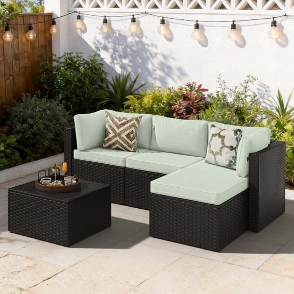 BaPiPro Modular Outdoor Wicker Patio Furniture Set with Tempered Glass Coffee Table & Removable All-Weather Cushions for Backyard, Poolside & Balcony Light Green