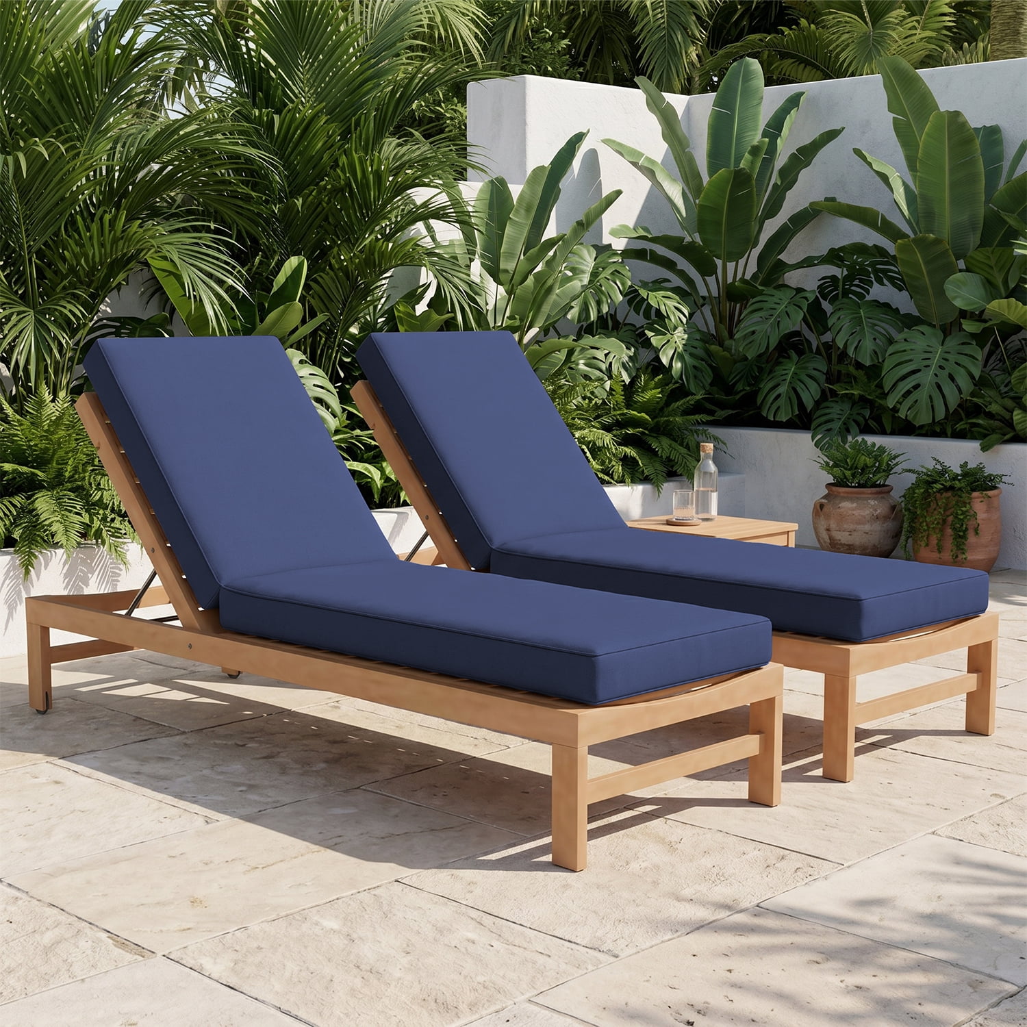 BaPiPro Navy Blue 2‑Pack All‑Weather Outdoor Chaise Lounge Cushions, Waterproof High‑Density Recliner Pads, Detachable Zipper Covers & Anti‑Slip Tie‑Downs, High‑Rebound Foam for Pool Garden Patio