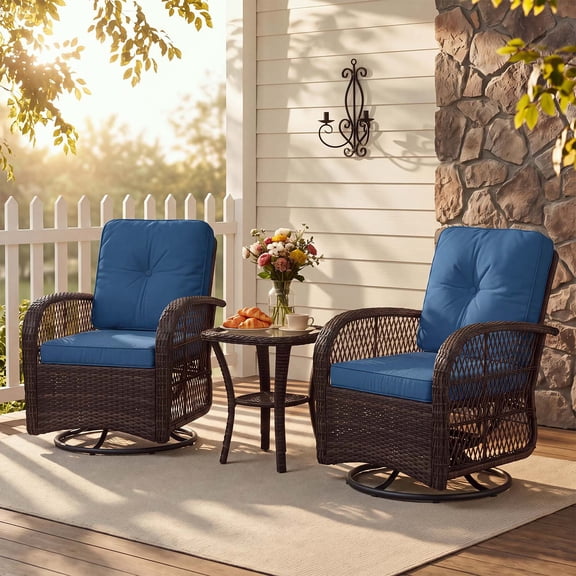 BaPiPro Navy Blue 3-Piece Outdoor Swivel Rocker Wicker Conversation Set – Weatherproof Rattan Patio Furniture with 2 Armchairs, Cushions & Tempered Glass Side Table for Deck, Backyard, Porch