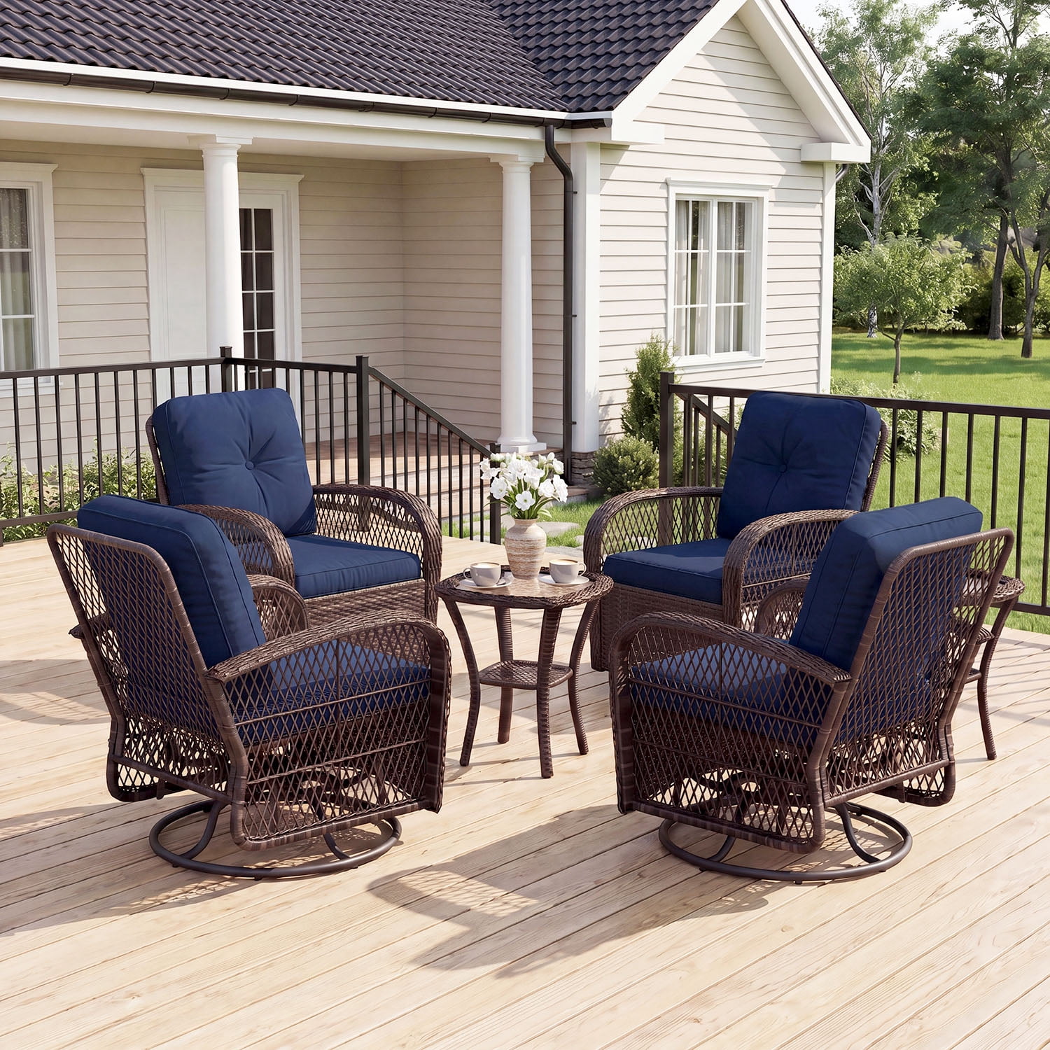 BaPiPro Navy Blue 6-Piece Outdoor Swivel Rocker Wicker Conversation Set – Weatherproof Rattan Patio Furniture with 4 Armchairs, Cushions & Tempered Glass Side Tables for Deck, Backyard, Porch