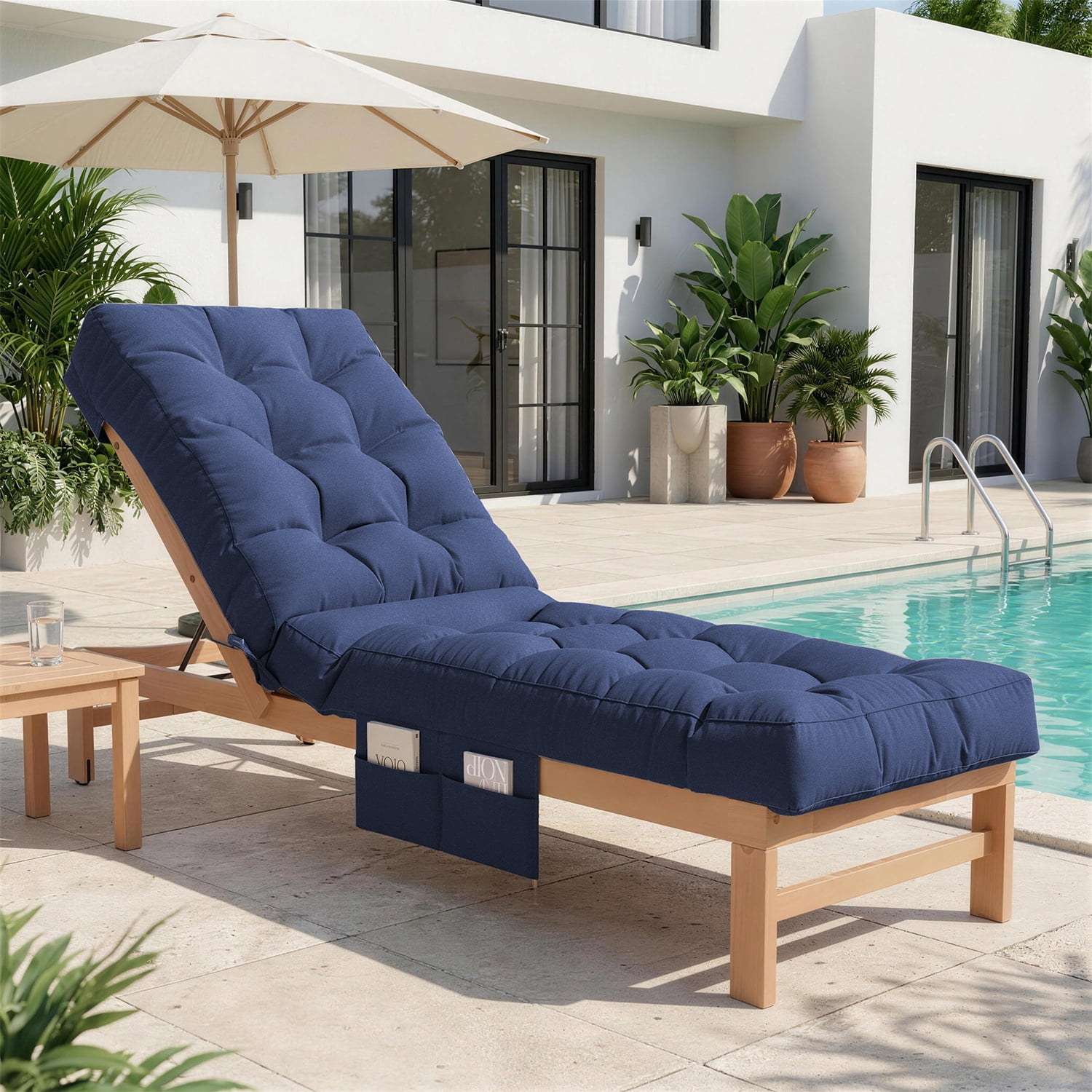 BaPiPro Navy Blue Outdoor Chaise Lounge Cushion with Side Pocket, Triple Non-Slip Fixation, All-Weather Durable & Soft Fabric, Thickened Padding, Ideal for Patio and Poolside Use