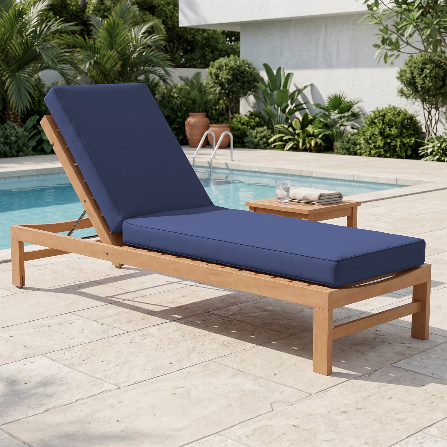 BaPiPro Navy Outdoor Chaise Lounge Cushion, Waterproof Patio Lounge Chair Pad with High-Density Foam, Removable Cover & Secure Ties for Poolside, Garden & Patio