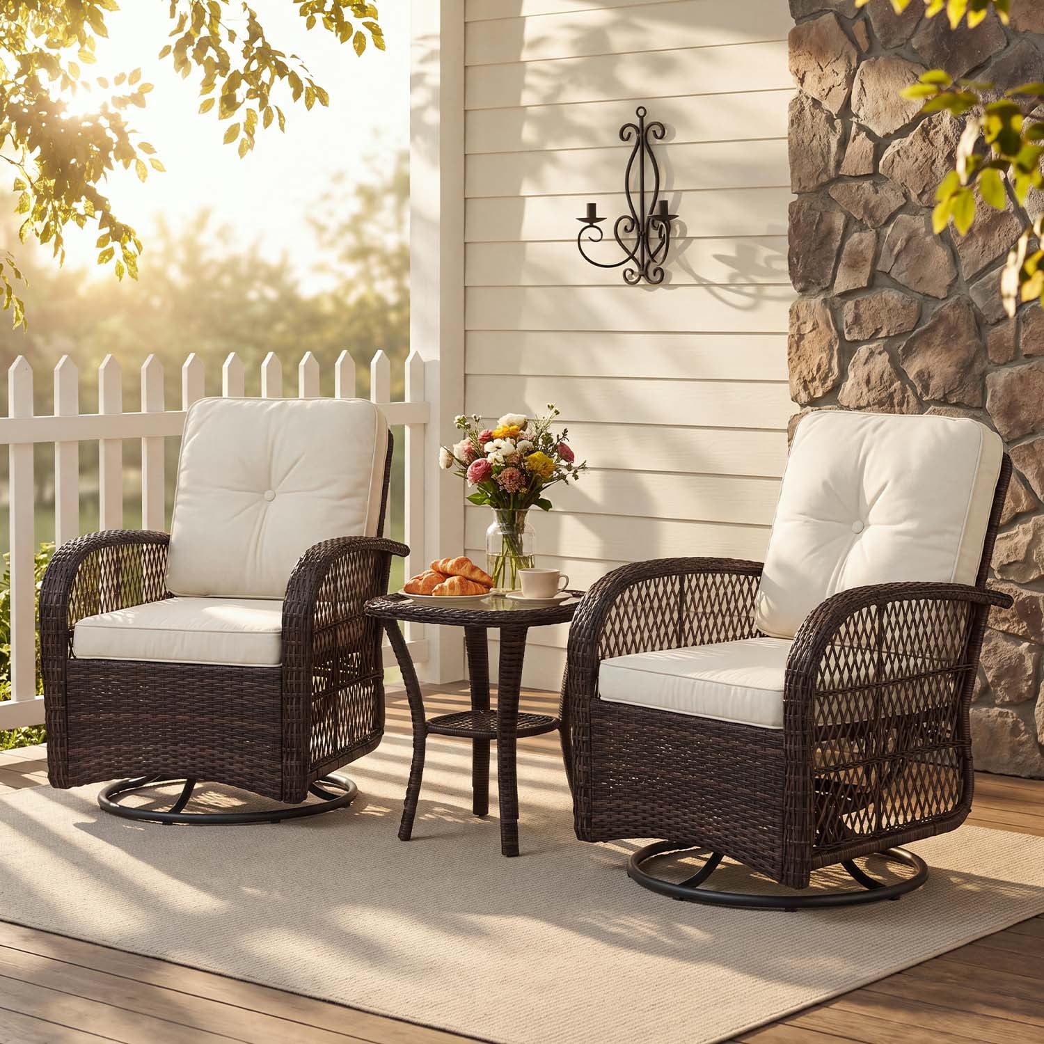 BaPiPro Off-White 3-Piece Outdoor Swivel Rocker Wicker Conversation Set – Weatherproof Rattan Patio Furniture with 2 Armchairs, Cushions & Tempered Glass Side Table for Deck, Backyard, Porch
