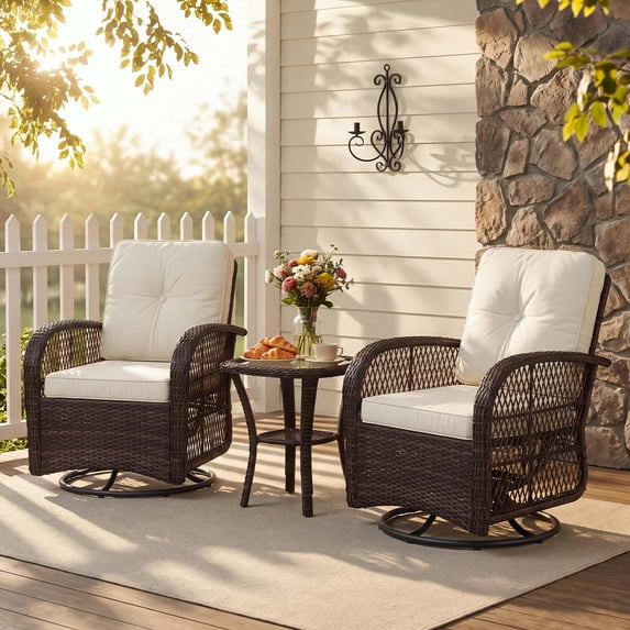 BaPiPro Off-White 3-Piece Outdoor Swivel Rocker Wicker Conversation Set – Weatherproof Rattan Patio Furniture with 2 Armchairs, Cushions & Tempered Glass Side Table for Deck, Backyard, Porch