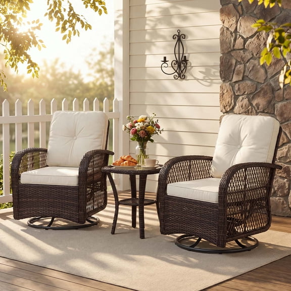 BaPiPro Off-White 3-Piece Outdoor Swivel Rocker Wicker Conversation Set – Weatherproof Rattan Patio Furniture with 2 Armchairs, Cushions & Tempered Glass Side Table for Deck, Backyard, Porch