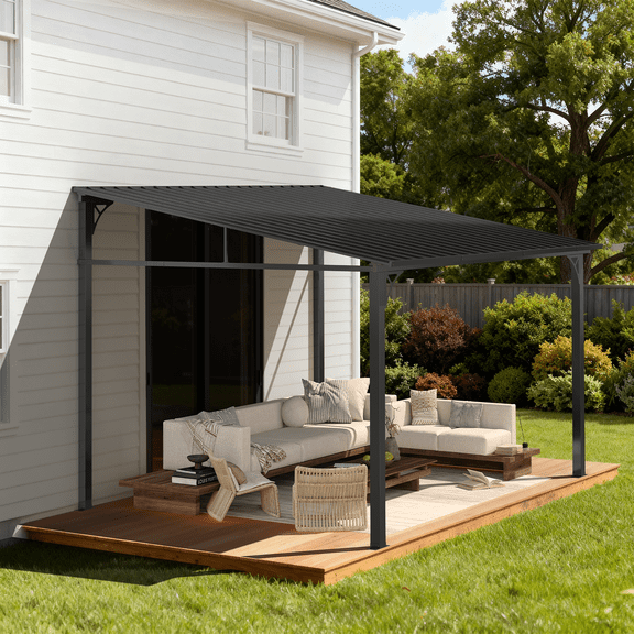 BaPiPro Outdoor Metal Carport, 12' x 10' Wall-Mounted Gable Roof Canopy with Carbon Steel Frame and Corrugated Metal Roof, Black