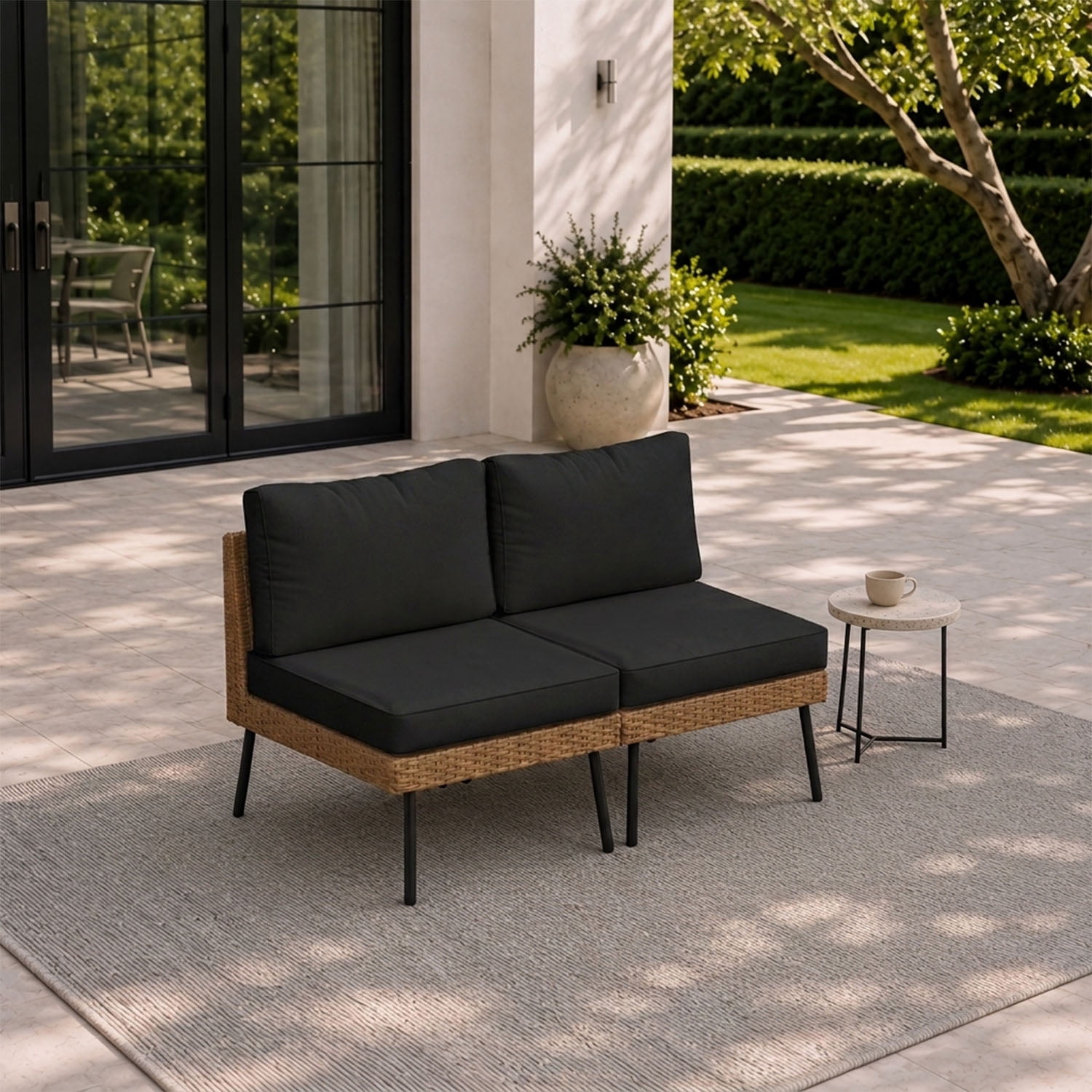 BaPiPro Outdoor PE Rattan 2-Seat Leisure Chair with Removable 4" High Density Cushions, Suitable for Backyard, Garden, Courtyard, Black