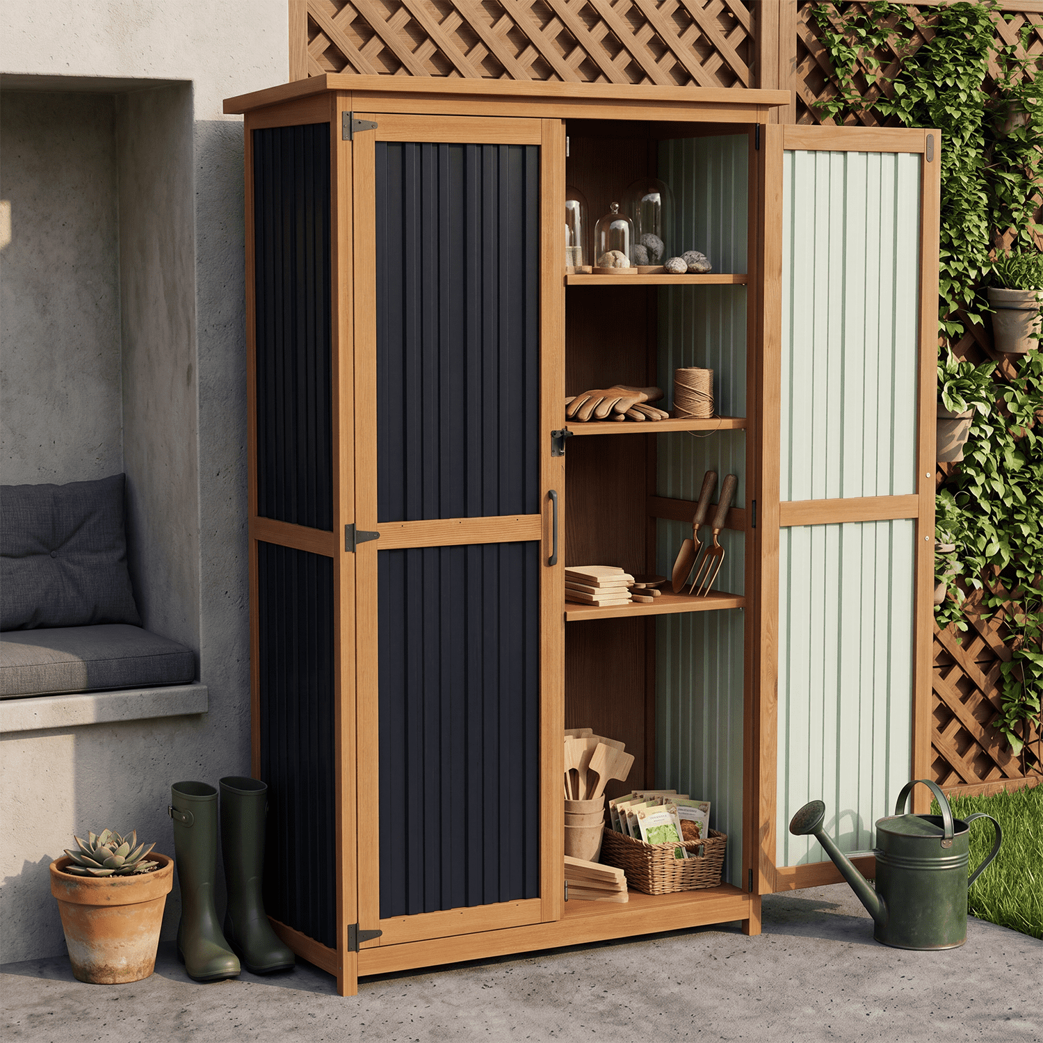 BaPiPro Outdoor Storage Cabinet, 2.6'x1.1' Tall Wood Storage Shed with Lockable Doors, Waterproof Garden Tool Cabinet with Removable Shelves for Patio, Backyard