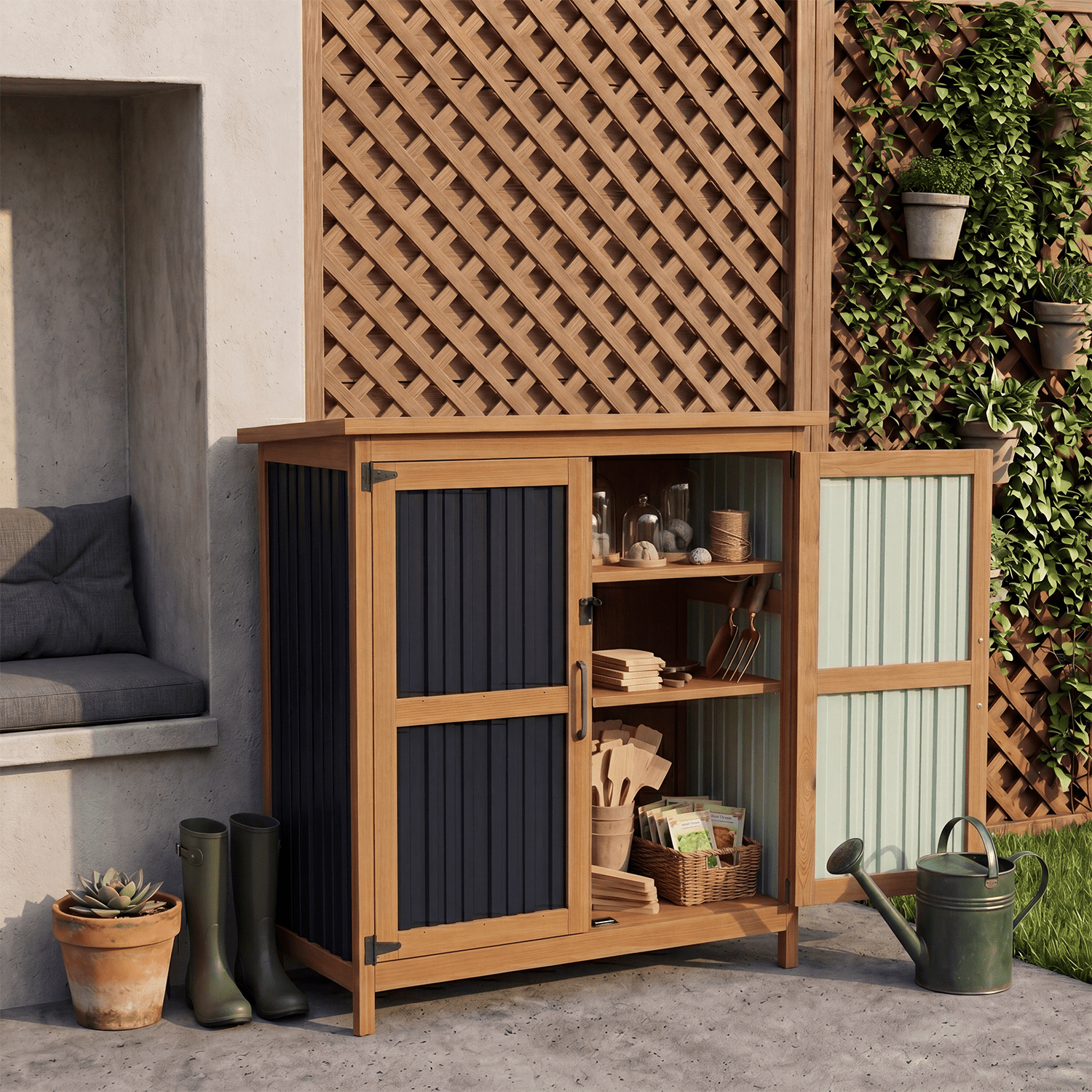 BaPiPro Outdoor Storage Cabinet, 2.6'x1.1' Wood Storage Shed with Lockable Doors, Waterproof Garden Tool Cabinet with Removable Shelf for Patio, Backyard