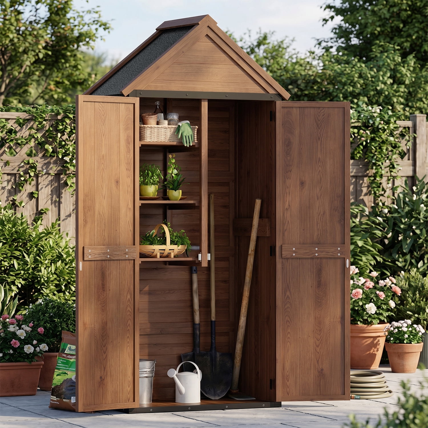 BaPiPro Outdoor Storage Cabinet, Weatherproof Small Storage Shed with Shelves, 20 Cu.ft Wood and Metal Shed for Backyard, Garden, Patio