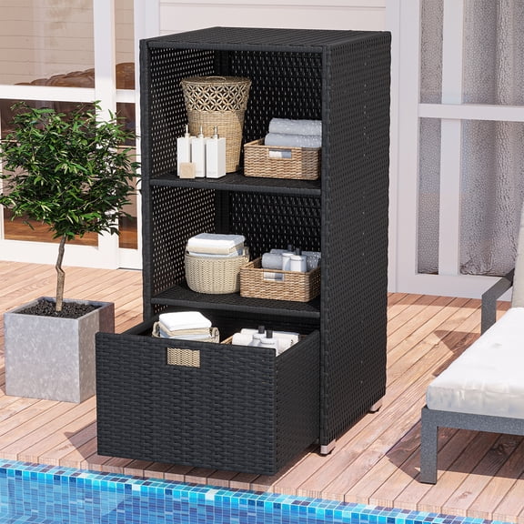 BaPiPro Outdoor Towel Rack for Pool, Rattan Wicker Storage Cabinet with Shelf & Drawer, Poolside Towels Valet, 47" Tall Black