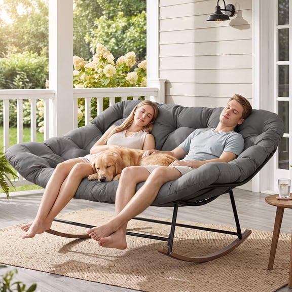 BaPiPro Oversized 2 Person Papasan Rocking Chair, Thick Cushion Outdoor Rocking Loveseat, Double Egg Rocker with Wood Grain Base for Patio Porch Backyard, 440 LBS Weight Capacity, Dark Gray