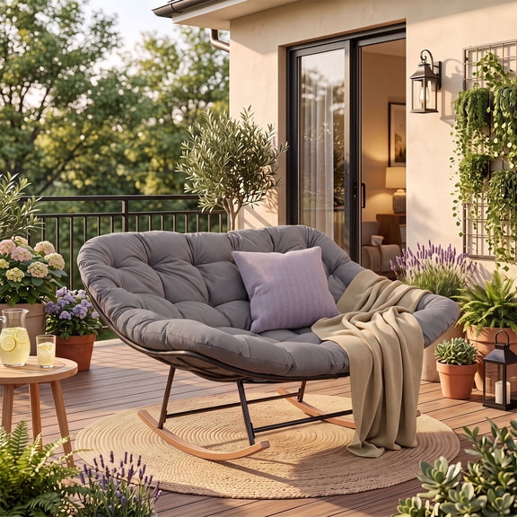BaPiPro Oversized Double Papasan Rocking Chair with Thick Cushion, 2 Person Outdoor Rocking Loveseat, Heavy Duty Double Egg Chair with Wood Grain Base for Patio Porch, 440lbs Capacity, Dark Gray