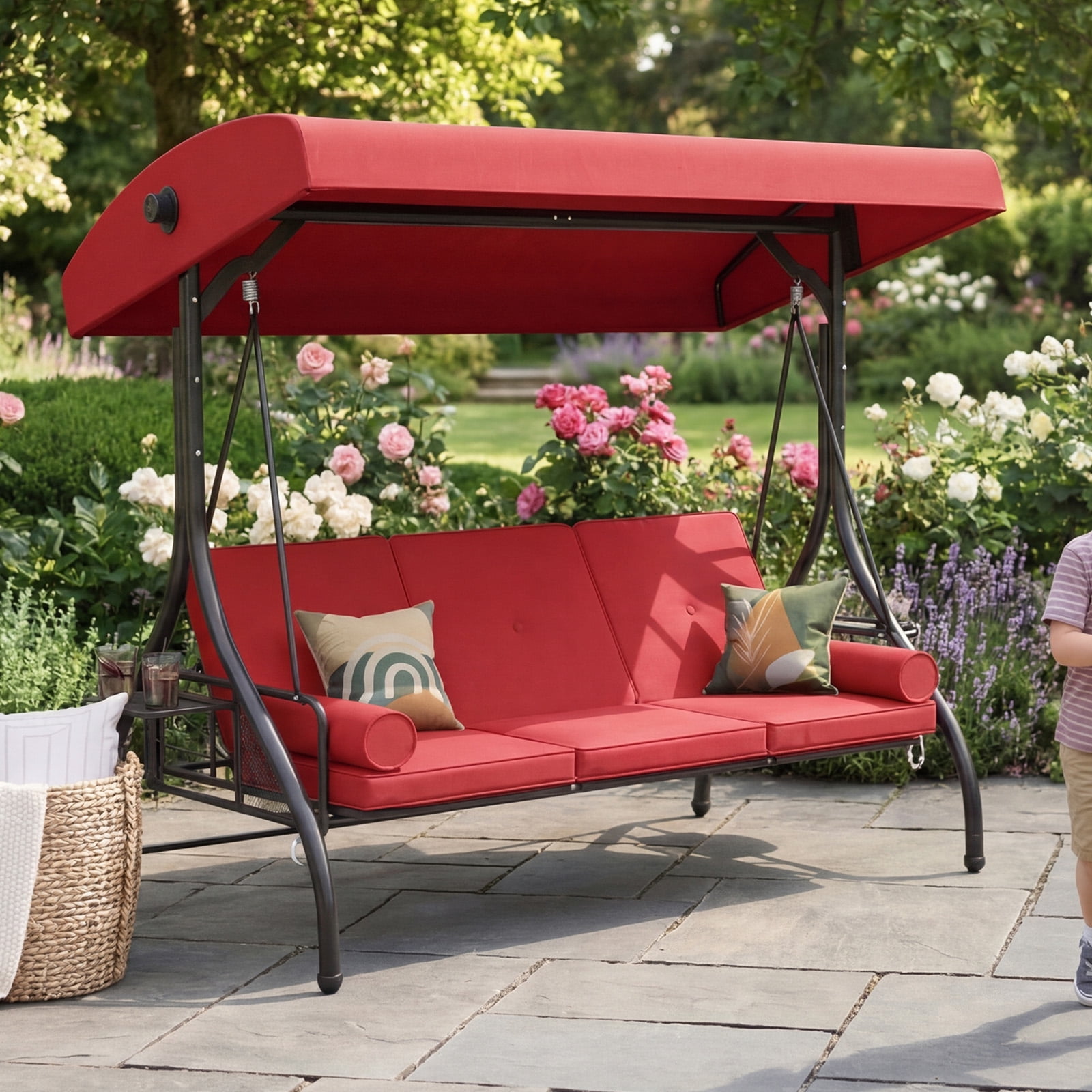 BaPiPro Red 3-Seat Metal Outdoor Patio Swing, 2-in-1 Convertible Swing Bed with Adjustable Canopy, Removable Cushions & Foldable Side Table for Garden Porch Deck
