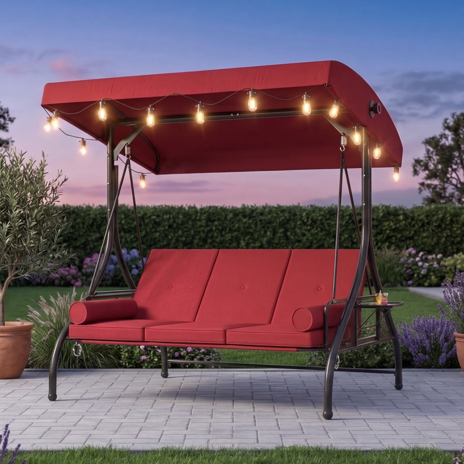 BaPiPro Red 3-Seat Metal Outdoor Patio Swing with String Lighting, 2-in-1 Convertible Swing Bed, Adjustable Canopy, Removable Cushions & Foldable Side Table for Garden Porch Deck