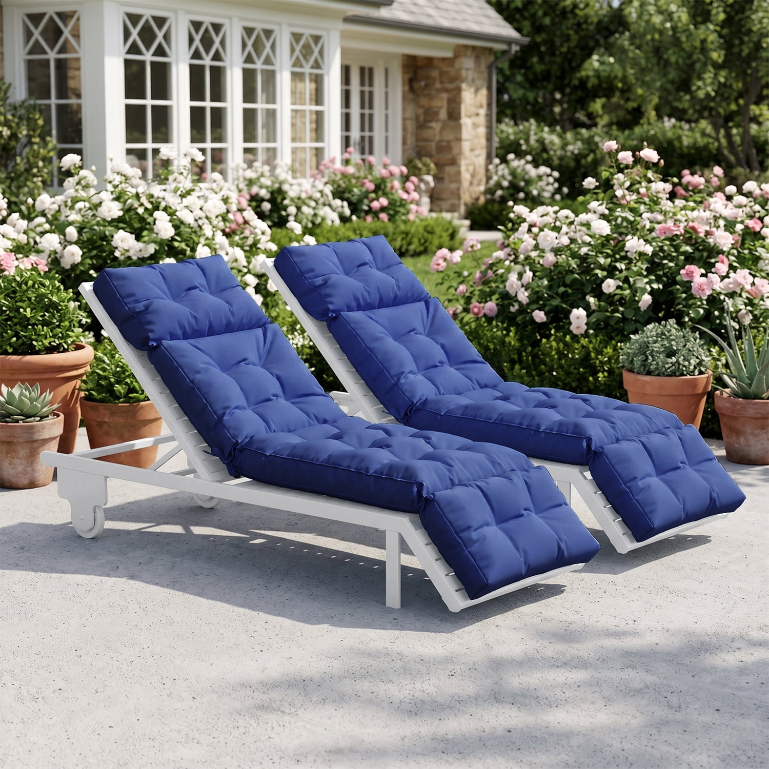 BaPiPro Set of 2 Upgraded 4-Segment Chaise Lounge Cushions, All-Weather Tie Fastened Pads with Plush PP Cotton, for Patio, Poolside & Balcony, Navy Blue