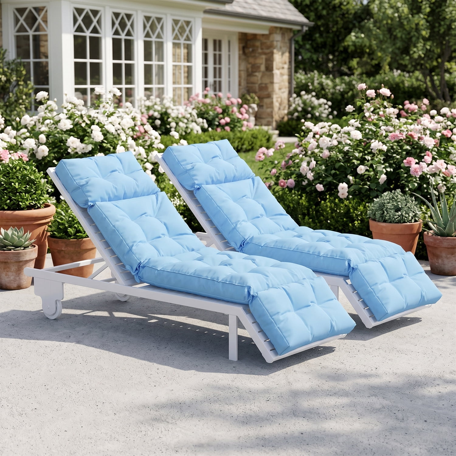 BaPiPro Set of 2 Upgraded 4-Segment Chaise Lounge Cushions, All-Weather Tie Fastened Pads with Plush PP Cotton, for Patio, Poolside & Balcony, Sky Blue