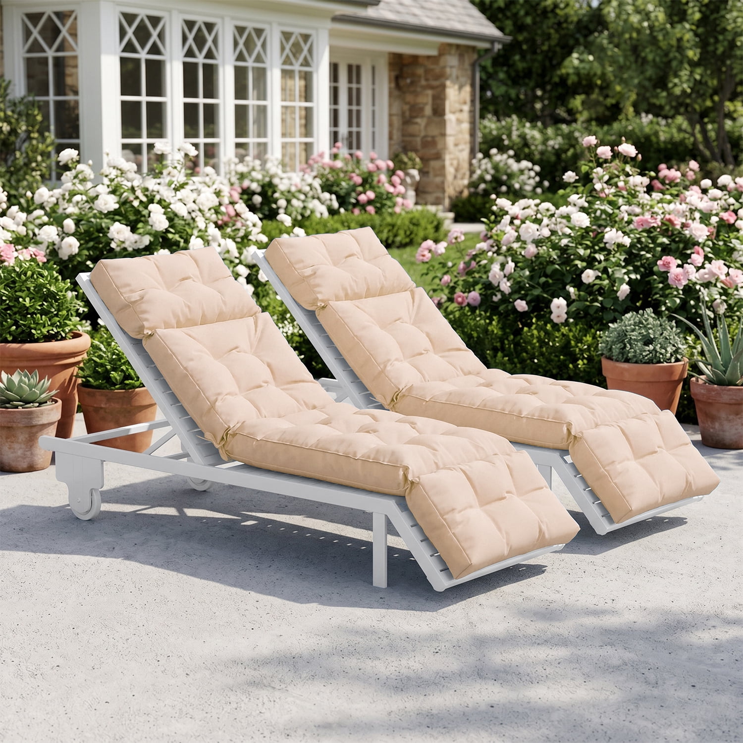 BaPiPro Set of 2 Upgraded 4-Segment Chaise Lounge Cushions, All-Weather Tie Fastened Pads with Plush PP Cotton, for Patio, Poolside & Balcony, Beige