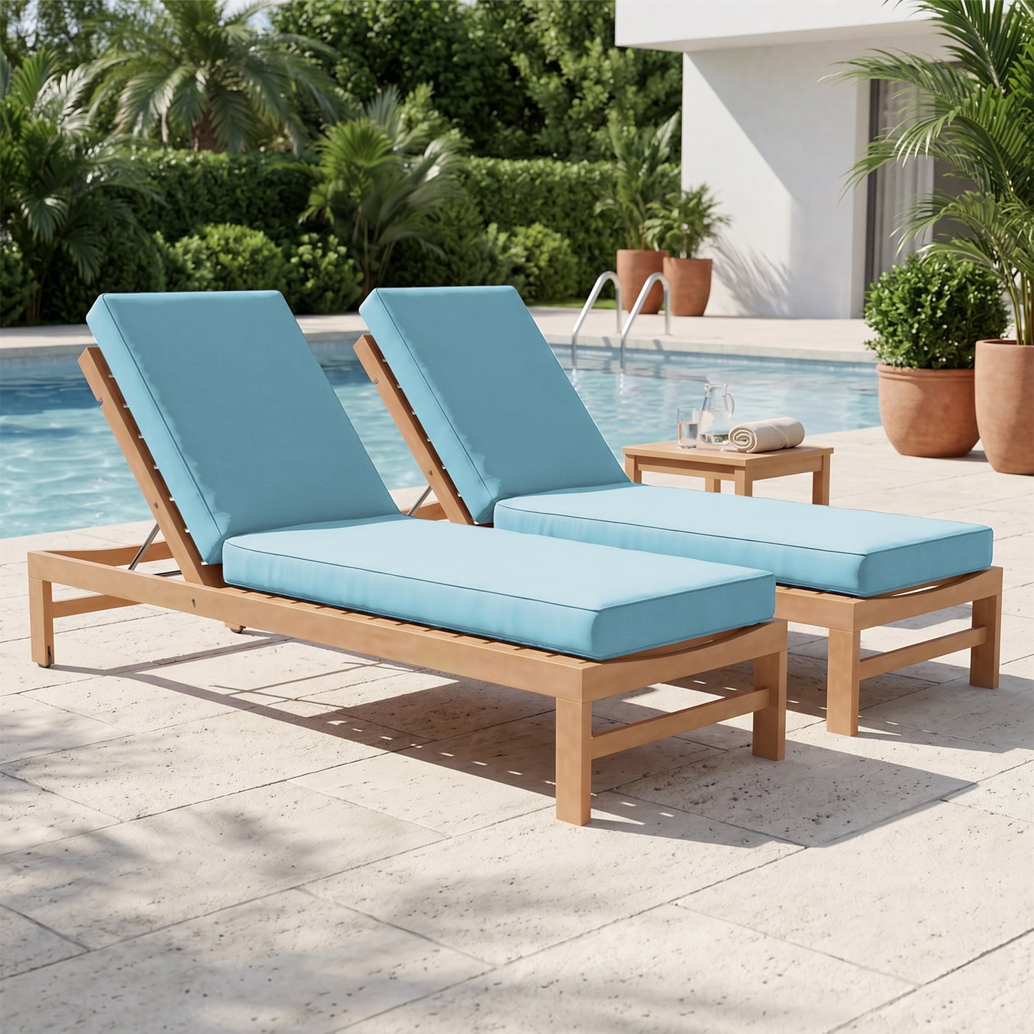 BaPiPro Sky Blue 2 Pack All-Weather Waterproof Outdoor Chaise Lounge Cushions, High-Density Foam Patio Pads with Detachable Zipper Covers & Non-Slip Ties for Pool Garden Backyard