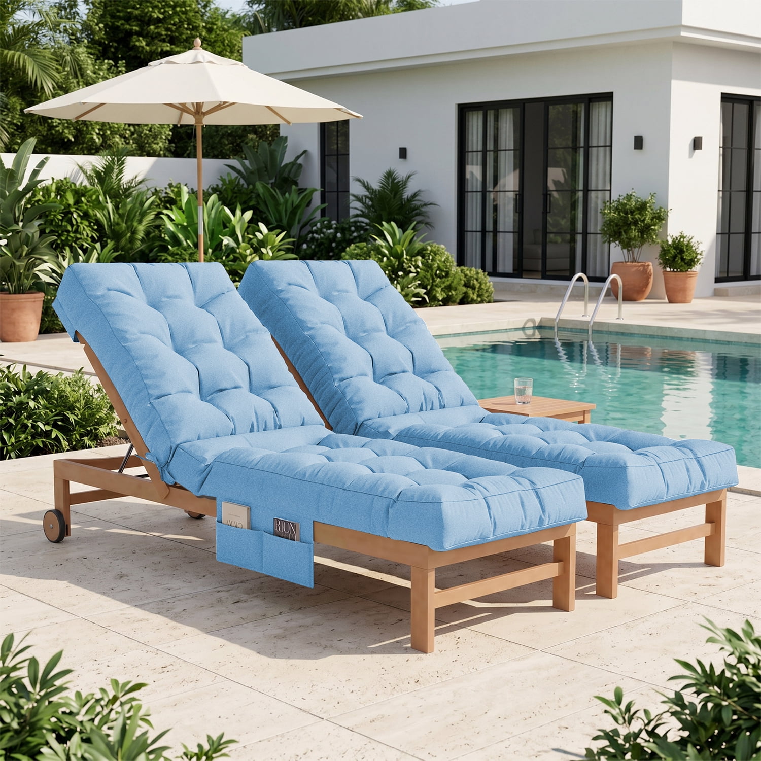 BaPiPro Sky Blue 2-Pack Outdoor Chaise Lounge Cushion with Side Pocket, Triple Non-Slip Fixation, All-Weather Durable & Soft Fabric, Thickened Padding, Ideal for Patio and Poolside Use