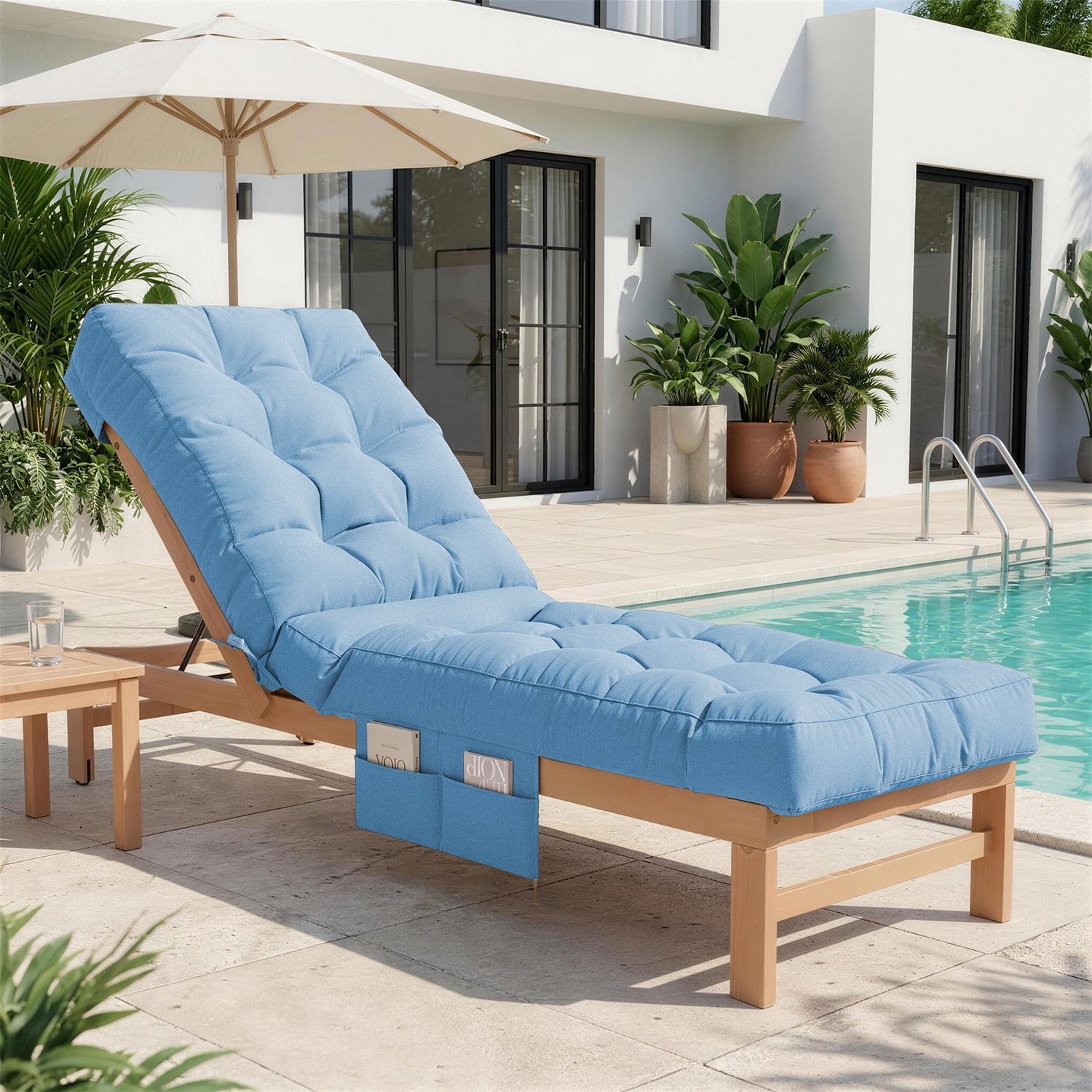 BaPiPro Sky Blue Outdoor Chaise Lounge Cushion with Side Pocket, Triple Non-Slip Fixation, All-Weather Durable & Soft Fabric, Thickened Padding, Ideal for Patio and Poolside Use