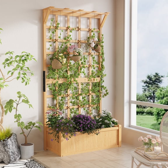 BaPiPro Tall Wood Planter Box with Trellis - 35"W x 72"H Raised Garden Bed with Hanging Roof, Outdoor Elevated Planter for Climbing Plants, Flowers
