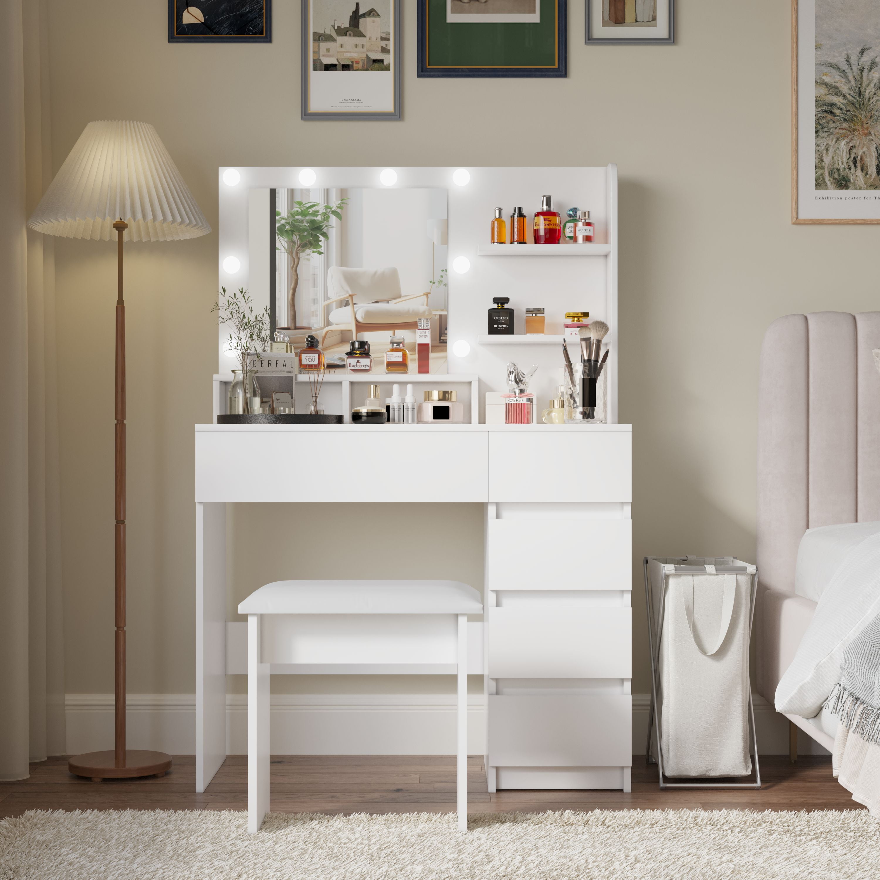 dressing table white colour FUFU&GAGA 5-Drawers Makeup Vanity Sets Sets With Stool, LED Lighted Mirror, Power Strip and Hair Dryer Holder this set combines functionality and style for an organized beauty space BaPiPro Vanity Desk Set with