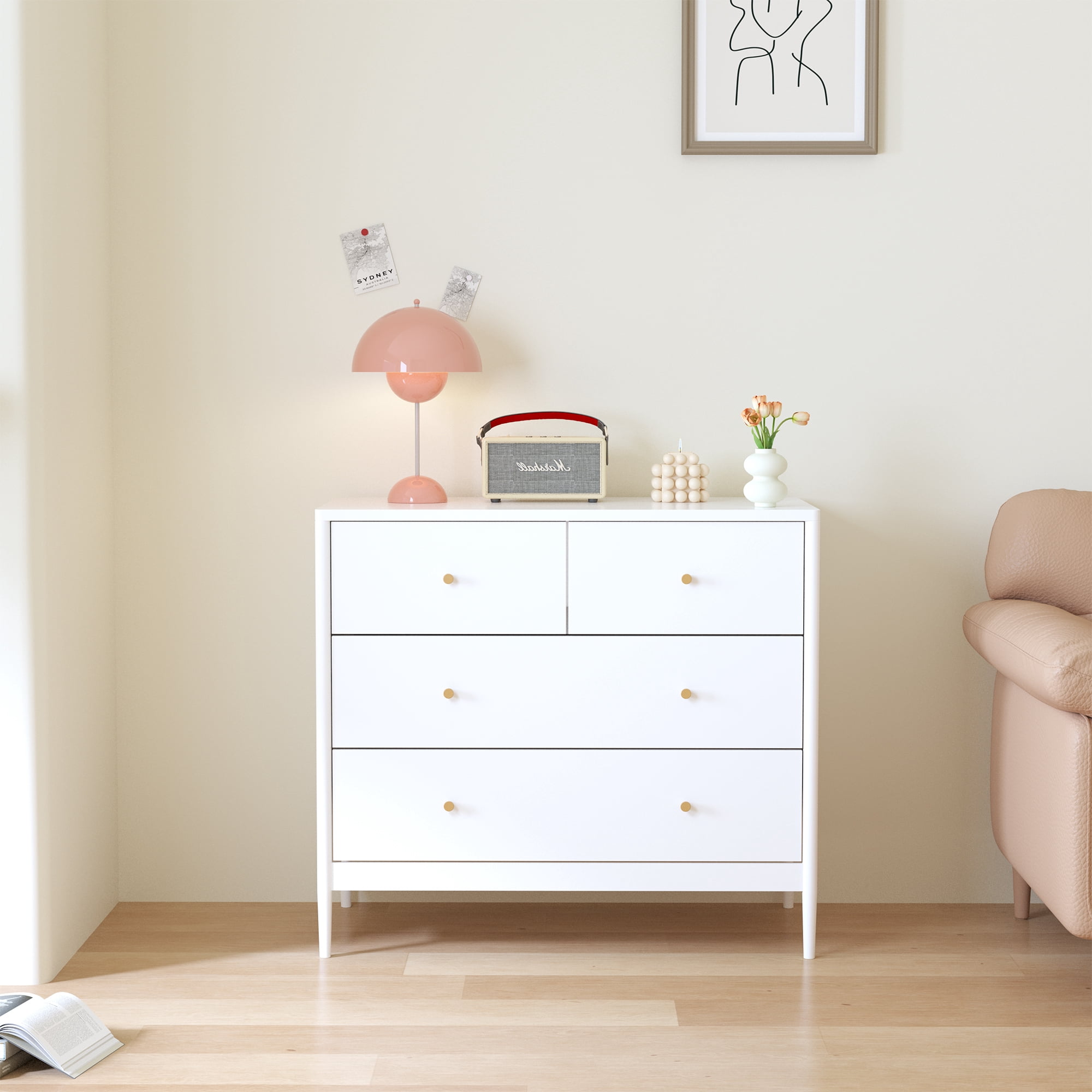BaPiPro White 4-Drawer Dresser, Clean Classic Style Wooden Storage Chest of Drawers with Spacious Organizer for Bedroom, Closet, Living Room, Apartment, Entryway and Home Storage, 35.4" Wide