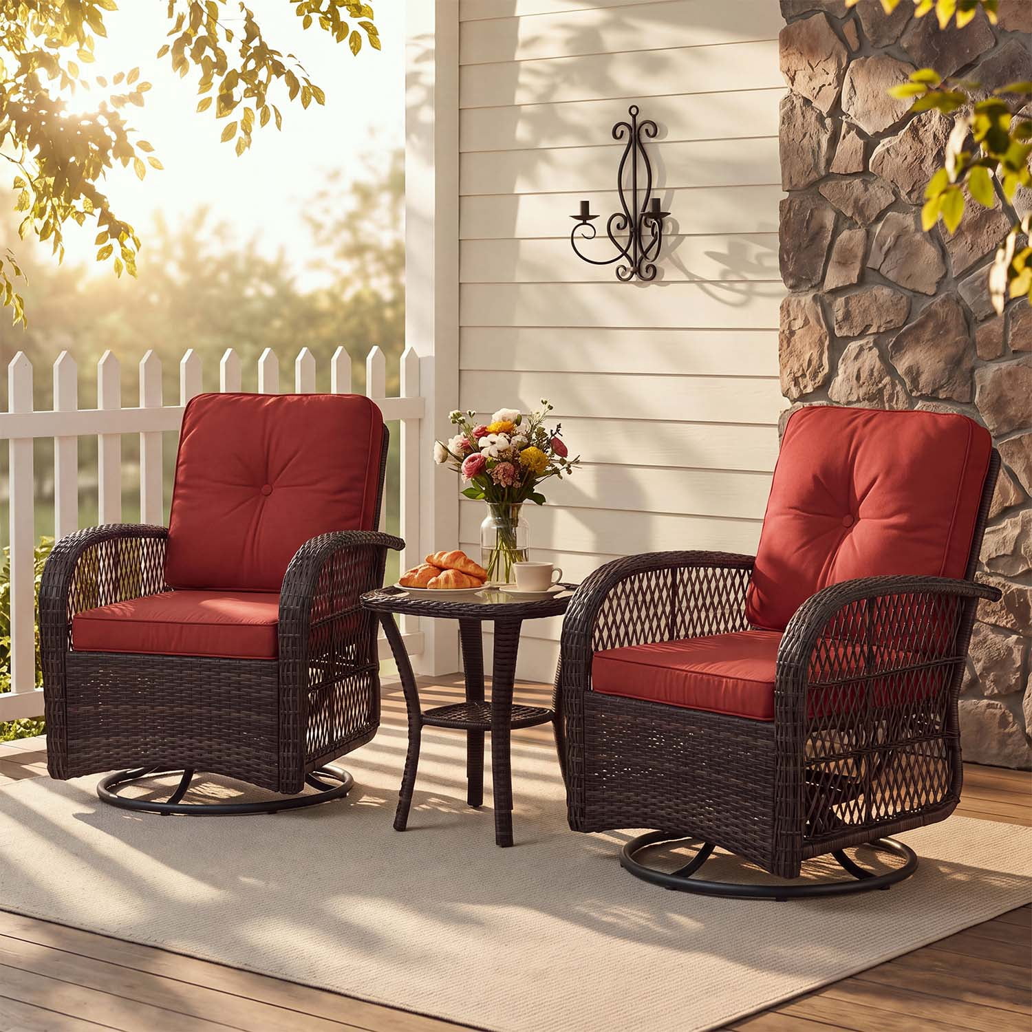 BaPiPro Wine Red 3-Piece Outdoor Swivel Rocker Wicker Conversation Set – Weatherproof Rattan Patio Furniture with 2 Armchairs, Cushions & Tempered Glass Side Table for Deck, Backyard, Porch