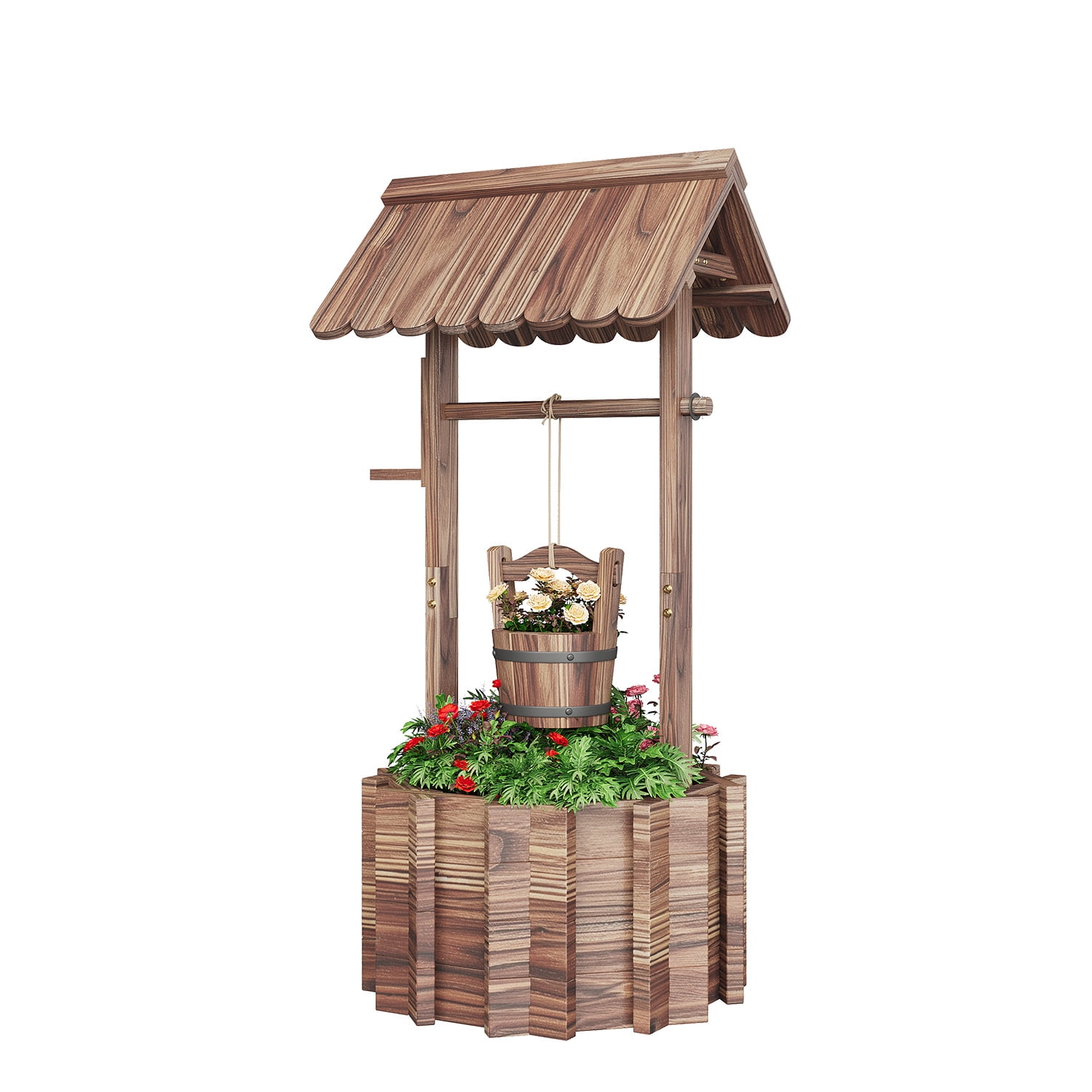 BaPiPro Wood Wishing Well Planter with Hanging Bucket for Flower and Plants, Brown, 22 In