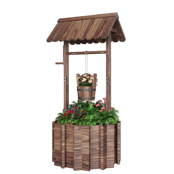 BaPiPro Wood Wishing Well Planter with Hanging Bucket for Flower and Plants, Brown, 25"