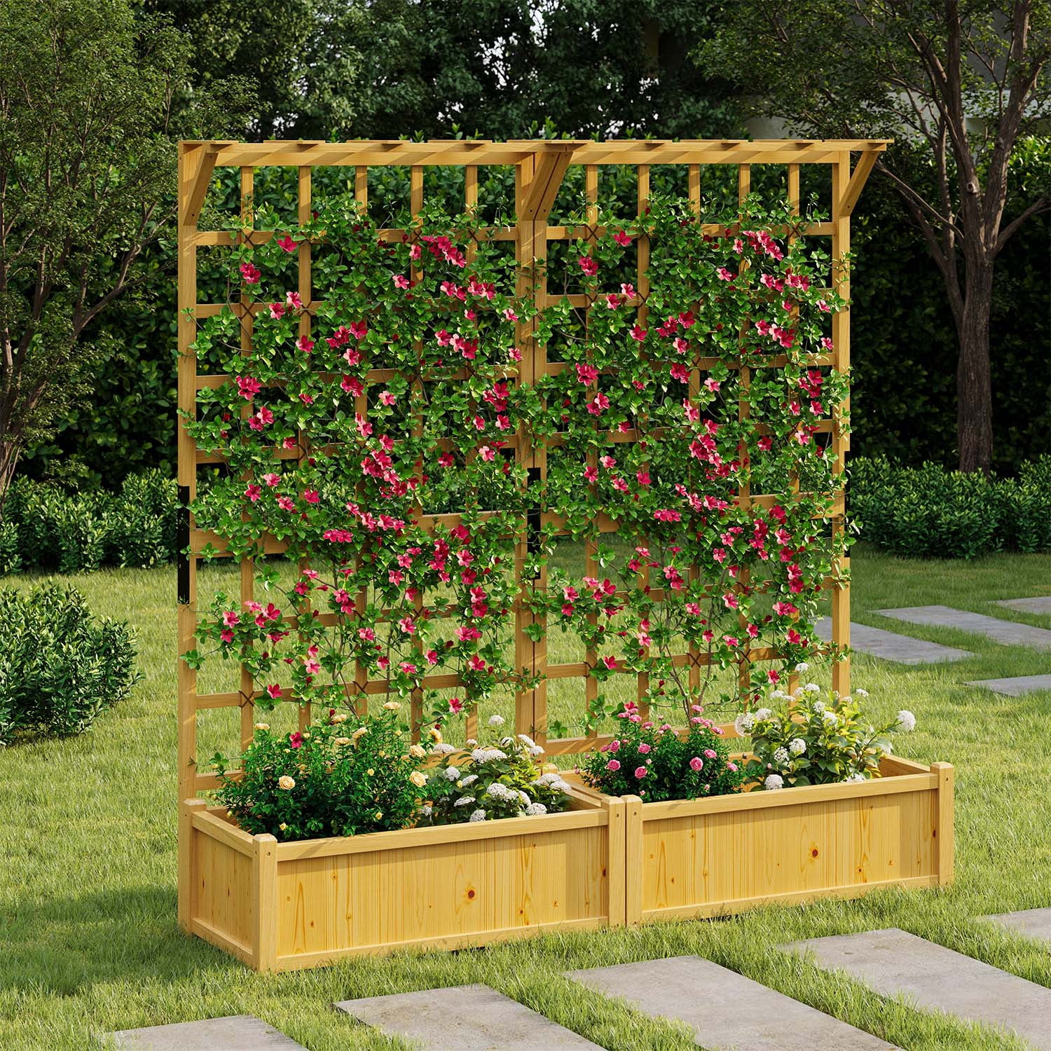 BaPiPro Yellow-Brown Tall Wood Planter Box with Trellis - 36" Raised Garden Bed with Hanging Roof, Outdoor Elevated Planter for Climbing Plants, Flowers - 2-Pack for Patio, Balcony