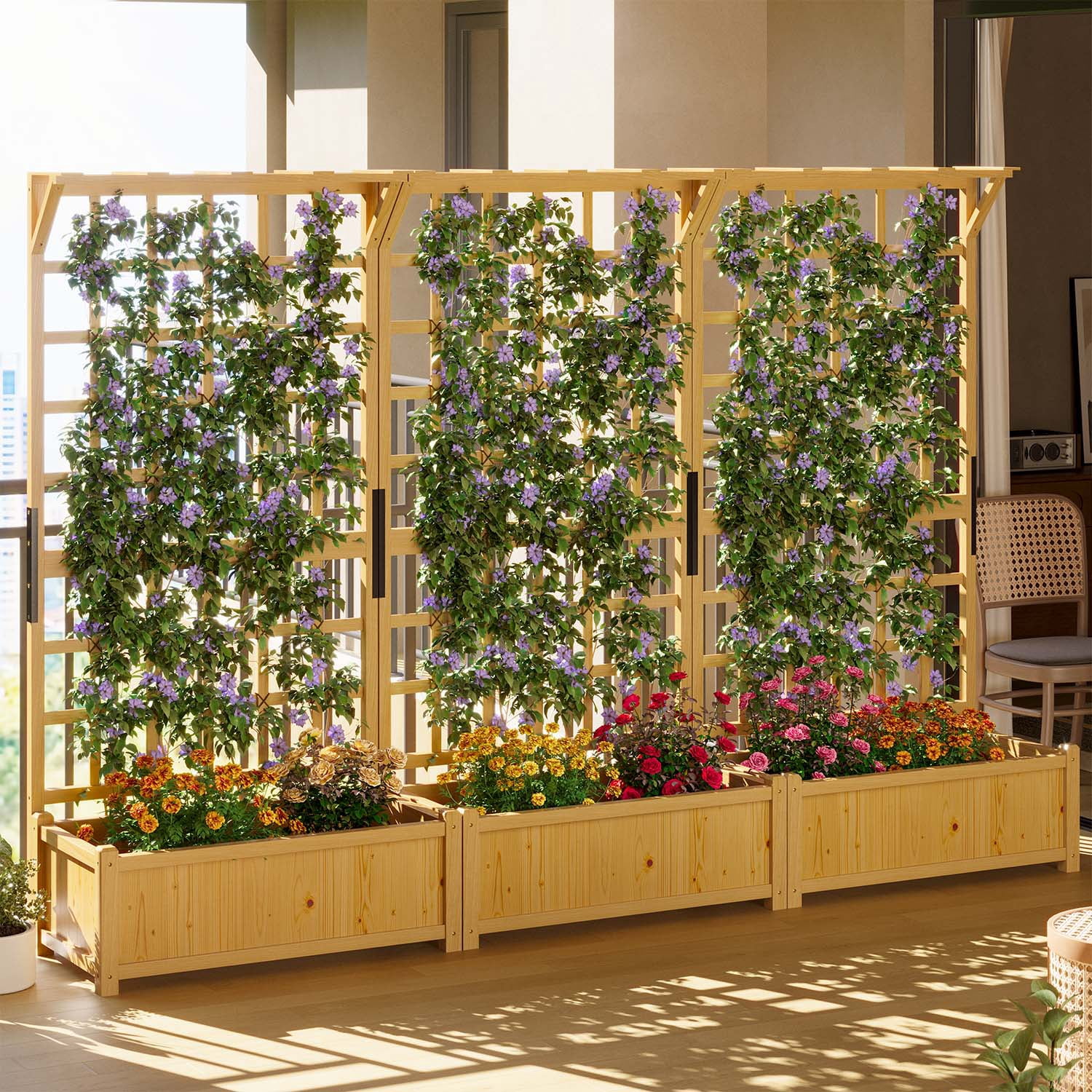 BaPiPro Yellow-Brown Tall Wood Planter Box with Trellis - 36" Raised Garden Bed with Hanging Roof, Outdoor Elevated Planter for Climbing Plants, Flowers - 3-Pack for Patio, Balcony