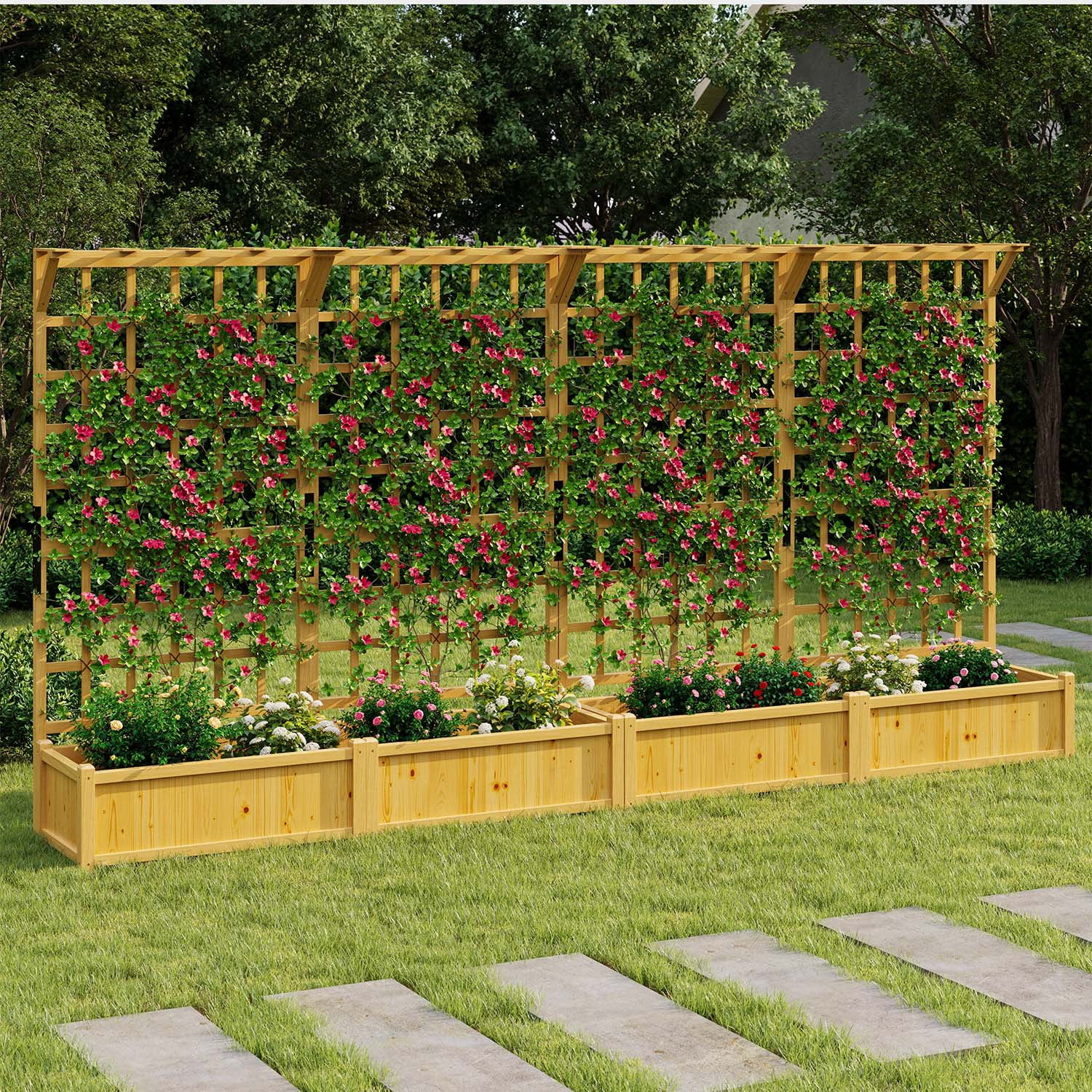 BaPiPro Yellow-Brown Tall Wood Planter Box with Trellis - 72" Raised Garden Bed with Hanging Roof, Outdoor Elevated Planter for Climbing Plants, Flowers - 2-Pack for Patio, Balcony