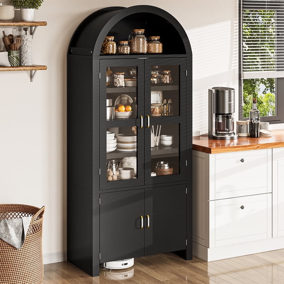 BaPro 71" Tall Arched Kitchen Pantry Cabinet, Modern Farmhouse Style Storage Cupboard with Adjustable Shelves for Dining & Living Room, Black