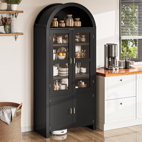 BaPro 71" Tall Arched Kitchen Pantry Cabinet, Modern Farmhouse Style Storage Cupboard with Adjustable Shelves for Dining & Living Room, Black