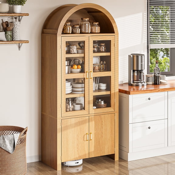 BaPro 71" Tall Arched Kitchen Pantry Cabinet, Modern Farmhouse Style Storage Cupboard with Adjustable Shelves for Dining & Living Room, Oak