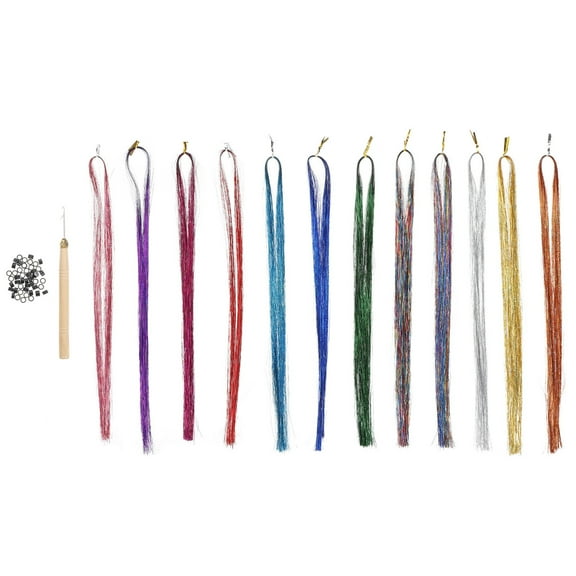 SEWOART 1Set Glitter Hair Tinsel Strands for Hair Extensions with Easy to Use Silicone Buckles