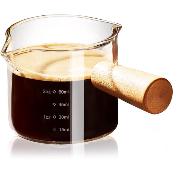Baalaka Espresso Cup with Wood Handle - Double Spout & V-Mouth Glass, Dual Scale 3.5oz Milk Frother for Latte/Cappuccino