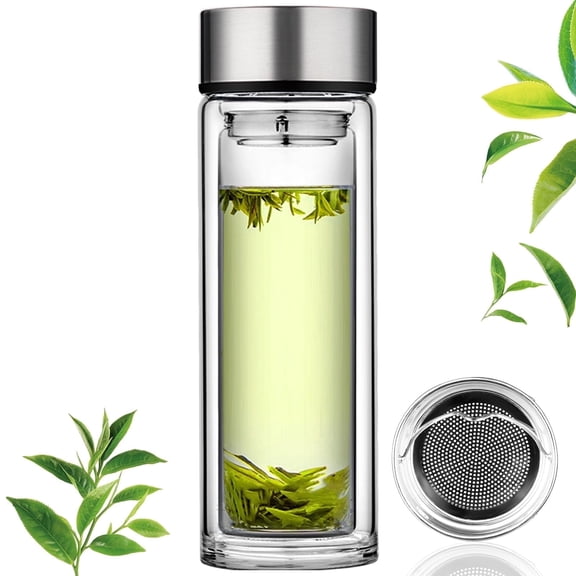 Baalaka Glass Tea Inf Bottle, 12oz/350ml Double Wall Borosilicate Glass, Leakproof Portable Travel Tumbler Mug for Loose Leaf, Flower, Herbal Tea & Bags