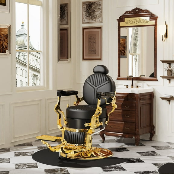Baasha Barber Chair, Black and Gold Salon Chair with Removable Headrest Retro Reclining Salon Chair with Heavy-Duty Steel Frame, Elegant Comfortable Stylist Chair Tattoo Chair Weight Capacity 550 lbs