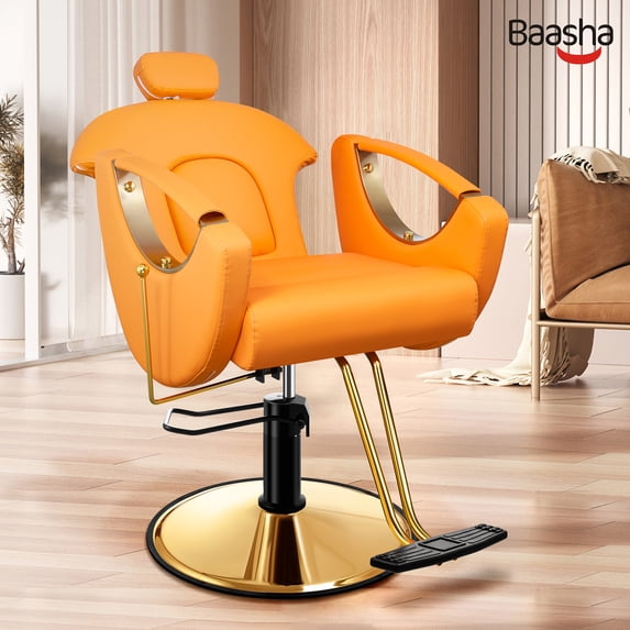 Baasha Barber Chair Reclining Hair Salon Chair, All Purpose Gold Salon Chair for Hair Stylist, 360 Degrees Swivel Stylist Chair, Heavy Duty Shampoo Chair Tattoo Chair with Removable Headrest - Orange